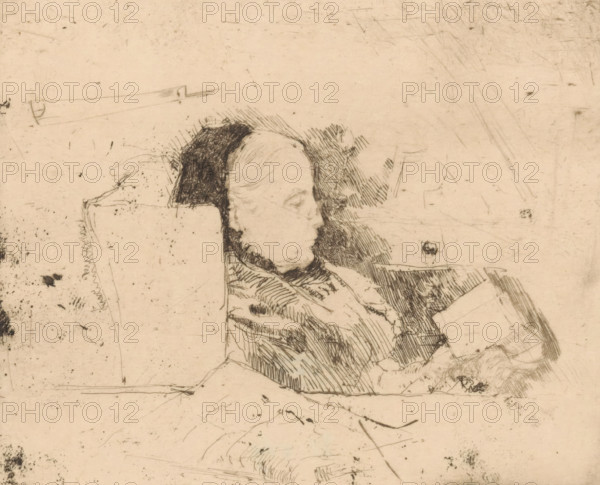 Portrait of Mrs Wilhelmina, print, A seated woman with glasses reading a book., printmaker: