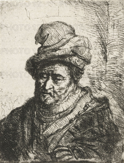 Bust of a philosopher, print, Bust of a man with a cap., printmaker: attributed to Karel van der