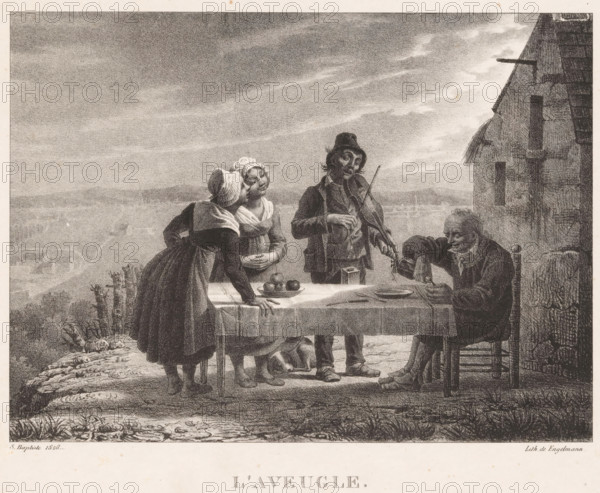 The blind man, Blind violinist plays for a man and two women, Artists and beggars, print,