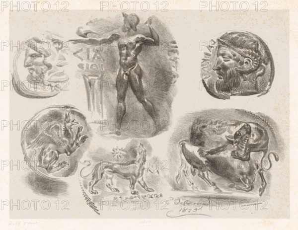 Studies of six antique medals, print, stamp: 'Lemercier, Imps. lithographe à Paris, État de la