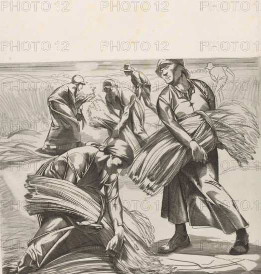 Corn Harvest, Compositions with Mowing Women (former title), print, Men and women with bundles of