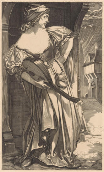 Bajadère (former title), Woman with lute on the street, print, Standing woman in dress with a lute
