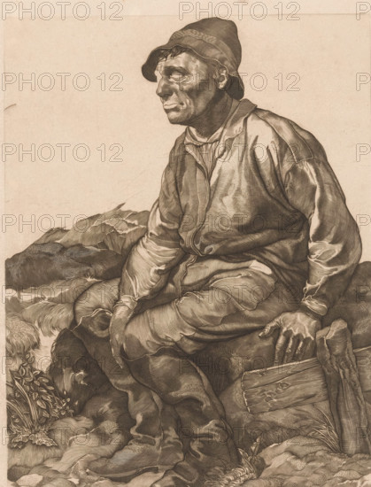Resting laborer, Resting workman (former title), print, A laborer, dressed in overalls, hat, and