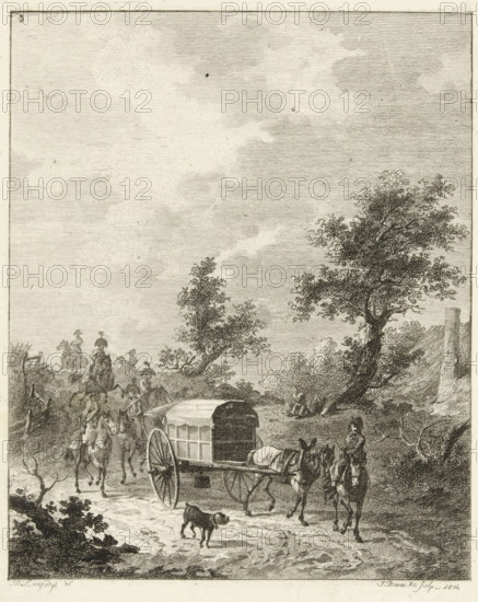 A group of soldiers on horseback, Six landscapes with soldier staff, print, Series number, 3, 6, A