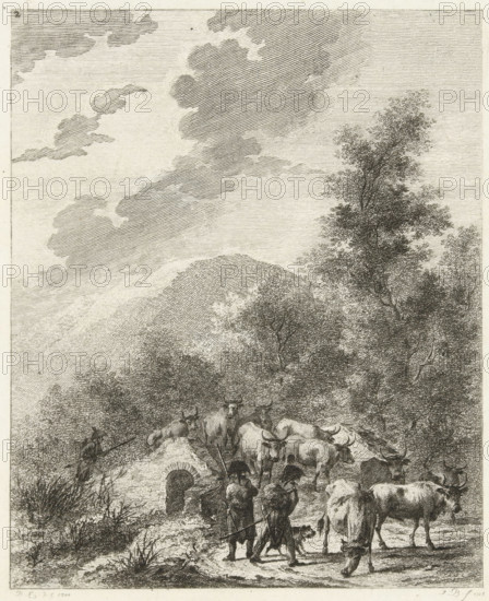 Soldiers driving a herd of cows across a bridge, Six landscapes with soldier staff, print, Series
