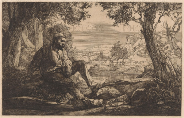 Sitting man in hilly landscape, Vagabond in landscape (former title), print, A bearded man sits on