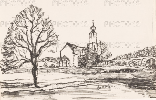 Bernried (original title on object), print, A church with an apse in a landscape with multiple