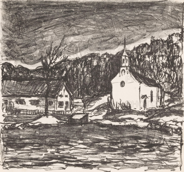 Hill landscape with church, Starnberger See (original title), print, A church and a house on a