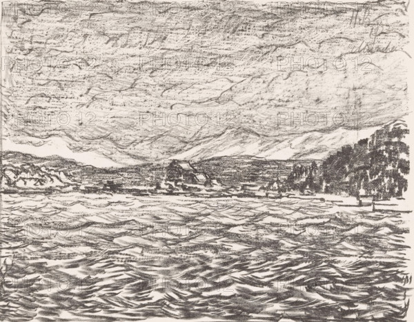 Starnberger See (original title), print, Hills and a settlement on the Starnberger See in Bavaria.,