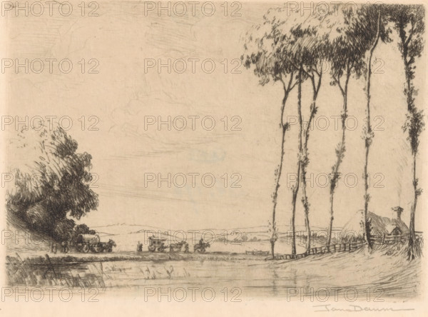 Landscape with covered wagon and caravan, print, A covered wagon and a caravan are being pulled by