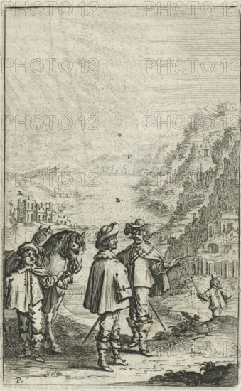Riders in a mountain landscape, print, book illustration, Two riders in a mountain landscape, on