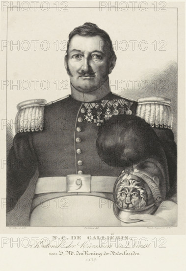 Portrait of Colonel Nicolaas Cornelis de Gallières, print, The sitter has removed his helmet and