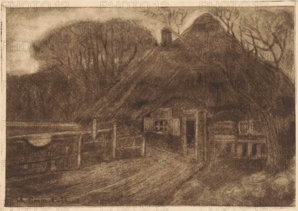 House with a thatched roof in Laren, print, printmaker: Charlotte Pothuis (signed by artist), 1877
