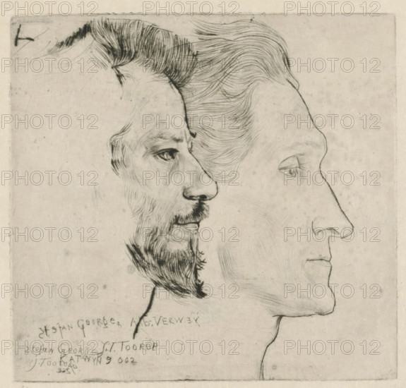 Portrait of Stefan George and Albert Verwey, print, printmaker: Jan Toorop, printer (person): Toon