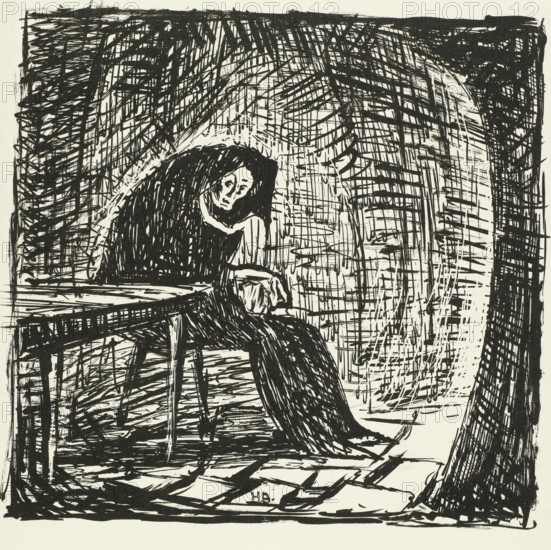 Poor old woman (original title on object), print, Woman in a cloak sitting next to a table in a