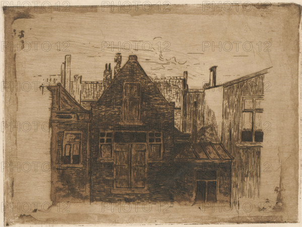 Row of houses, print, printmaker: Cornelis van der Sluys, 1891 - 1937, paper, etching, intaglio