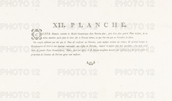 Text sheet accompanying a detailed map of a river bend, XII. Planche, print, text sheet,