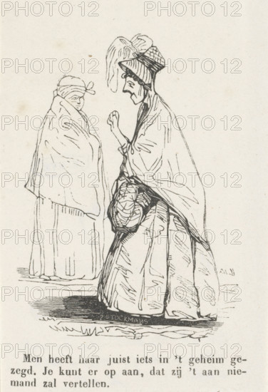 Two women with shoulder capes, print, printmaker: P. Stockmans, Netherlands, 1800 - 1899, paper,