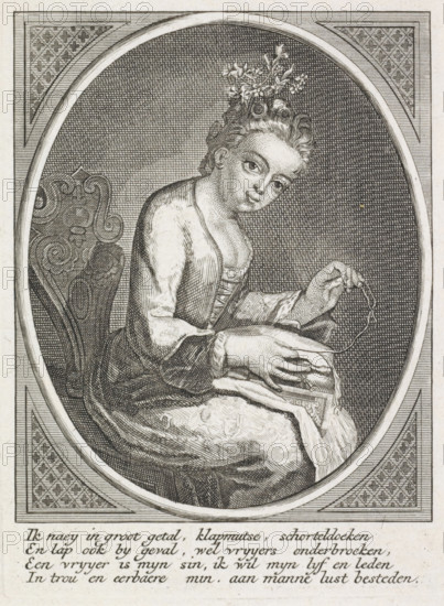 Sitting woman doing needlework, print, A young woman is sitting and sewing. Below the image, an