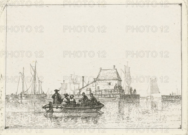 River view with rowboat near harbor pier, print, River view with rowboat on inland water near a
