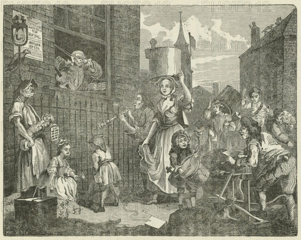 Street scene, print, book illustration, A violinist in a window frame holds his ears tightly closed