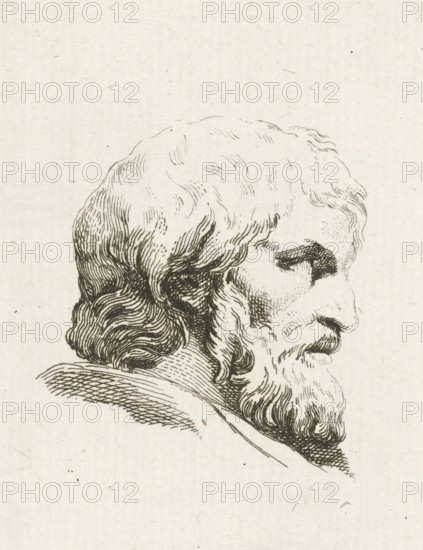Head of a man, print, Head of a man in profile, bareheaded with long hair and beard. Below the