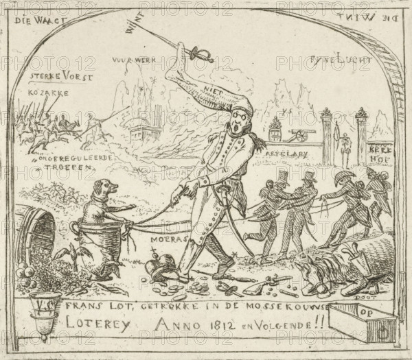 Napoleon pulls a dog in a goblet through the swamp, Caricatures of the defeats of the French in