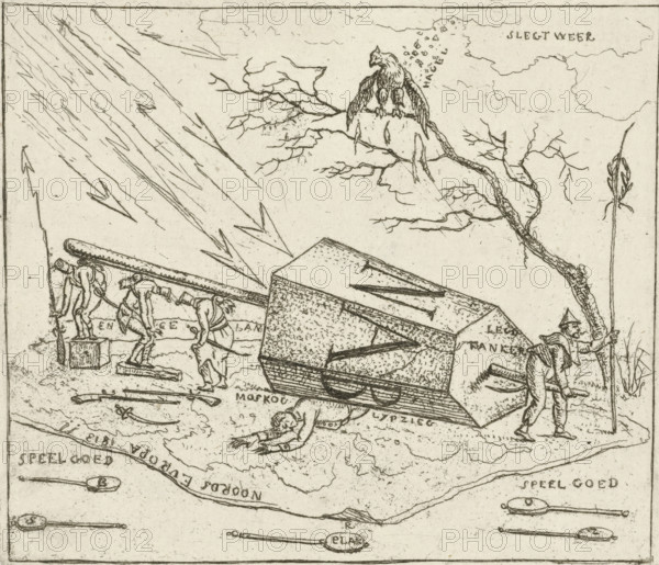 Napoleon crushed under a hexagonal block, Caricatures of the defeats of the French in 1813,