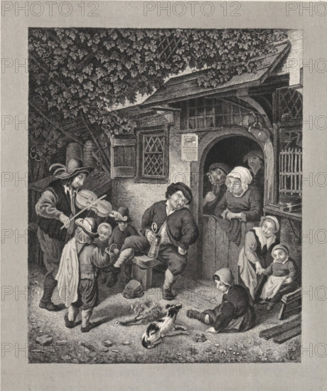 The Traveling Violinist in front of a farmhouse, Violinist in front of an inn, print, A man with a