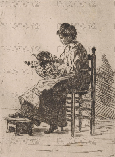 Woman with flowers on her lap, print, The woman is sitting on a chair. One of her legs rests on a
