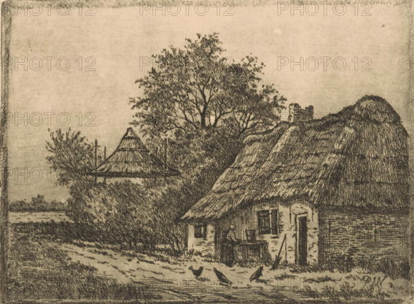 Farmhouse with thatched roof and hay barn, print, A woman stands by the farmhouse and three