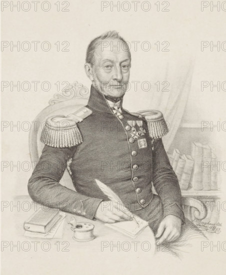 Portrait of JH Nägeli, print, The sitter is seated at a table in a military uniform. He wears two
