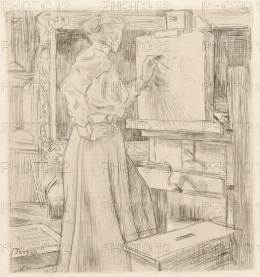 Riet van Houten draws on a lithographic stone in a studio, In 't atelier (original title), print,