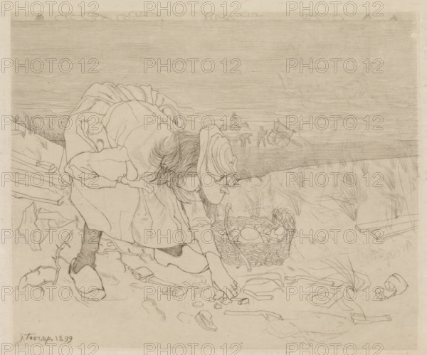 Girl collecting shells on the beach, print, printmaker: Jan Toorop (signed by artist), 1899, paper,