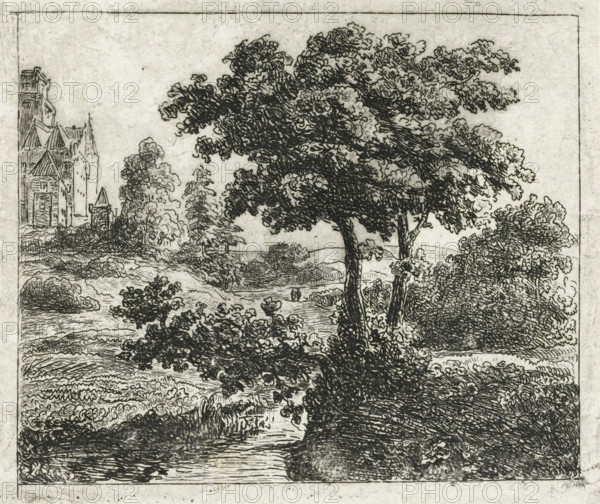 Landscape with church on a hill, print, printmaker: Johannes Adrianus van der Drift, Netherlands,