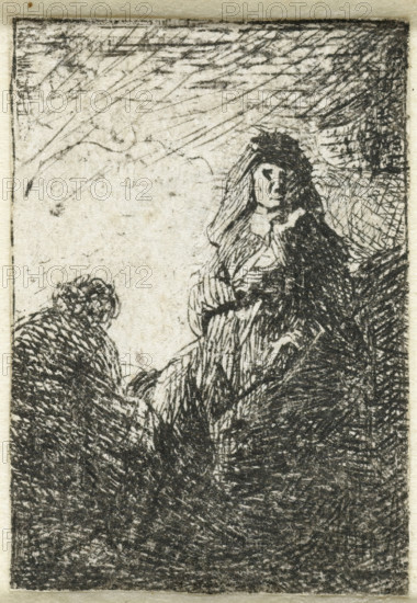 Standing woman and seated man, print, Standing woman seen from the front and seated man seen from