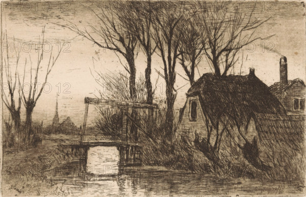 Drawbridge at a farm, print, In the background the silhouette of a church. It is twilight.,