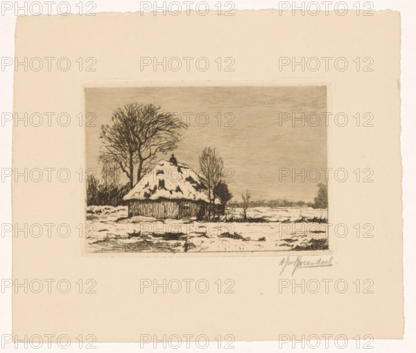 Snow landscape with barn, print, printmaker: Alberta Johanna van Rosendaal (signed by artist),