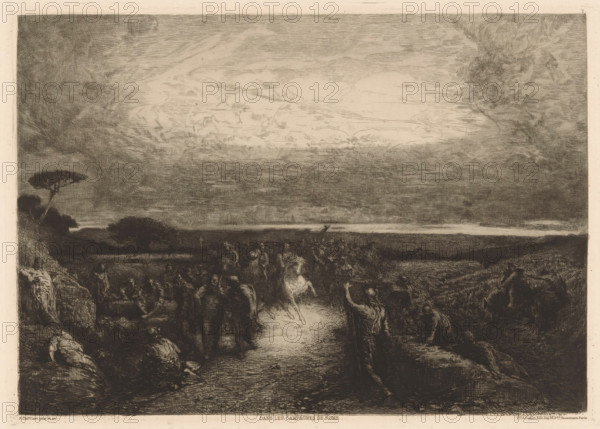 Landscape with a horseman in a crowd, Dans les campagnes de Rome., print, Numbered 7 in the upper