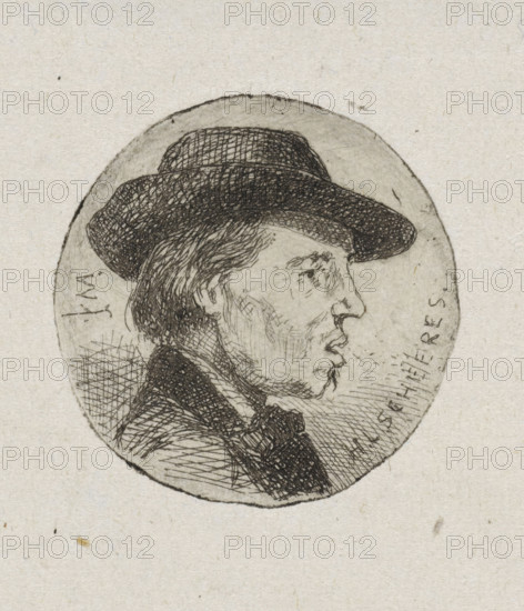 Portrait of Hendricus Johannes Scheeres, print, artist. He is wearing a hat. The name of the sitter