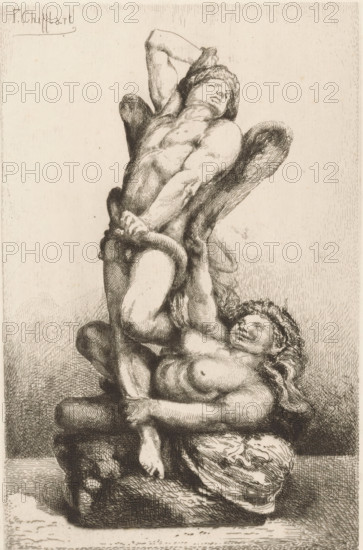 Allegorical representation with naked angel and woman, Les Liens du Mal, L'Eau Forte en 1875,