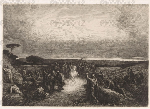 Landscape with a horseman in a crowd, Dans les campagnes de Rome., print, printmaker: François