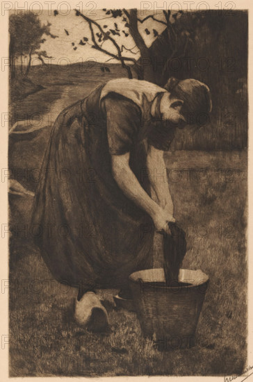 Farmer's wife washing textiles in a bucket, print, signature: 'Willem Witsen', watermark,