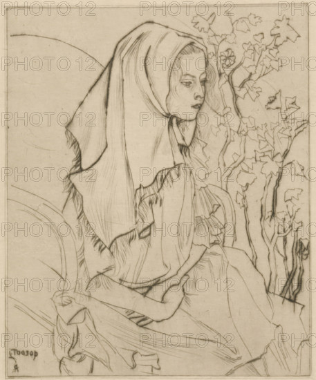 Sick child (original title), Charley Toorop with headscarf in an armchair, print, printmaker: Jan