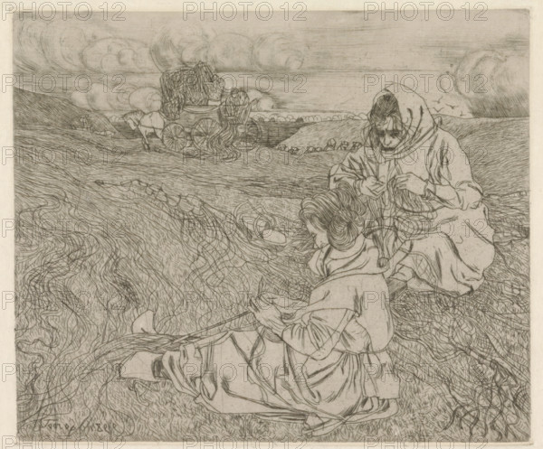 Nettenboetsters (original title), Two women mending nets, in Katwijk aan Zee, print, printmaker: