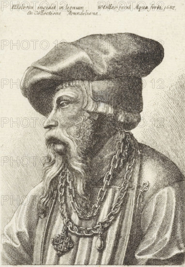 Portrait of a man with beard, beret and necklace, print, printmaker: Wenceslaus Hollar, Antwerp,