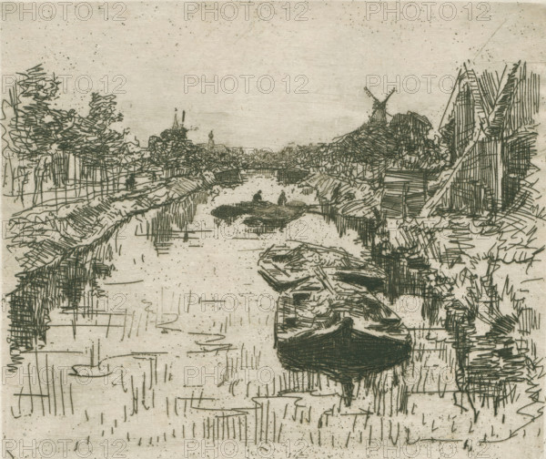Canal (original title), Canal with barges, print, printmaker: Willem Bastiaan Tholen, 1870 - 1931,