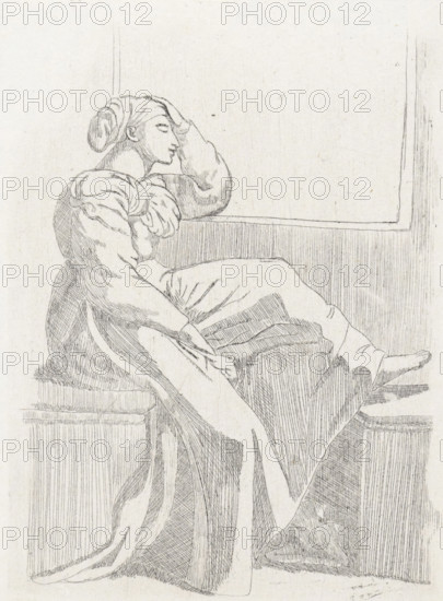 Sitting woman by an open window, print, A woman is sitting on a bench by an open window. She is