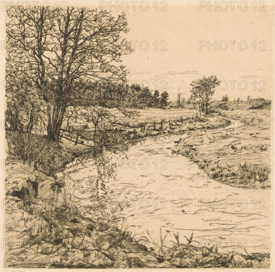 By the Hattemerbeek (original title on object), print, A landscape with a brook near Hattem. On the