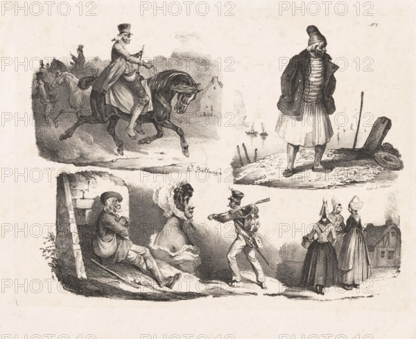 Six depictions of various figures, Lithographic sketches, print, Series number, 1, Six depictions